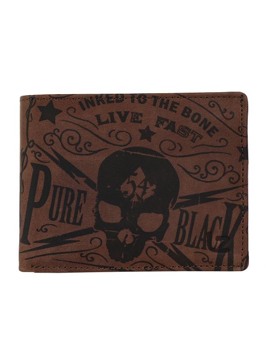 Leather Zentrum Classic Skull Print  Bi-Fold Brown Men's Genuine Leather Wallet (8 Card Slots)