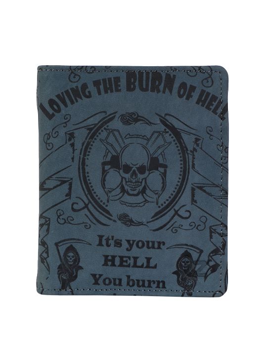 Leather Zentrum Classic Loving The Burn Of Hell Skull Print  Bi-Fold Olive Men's Leather Wallet (8 Card Slots)