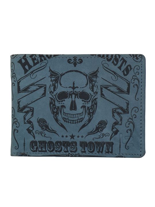 Leather Zentrum Genuine Leather Classic Ghosts Town Skull Print  Bi-Fold Olive Men's Wallet (8 Card Slots)